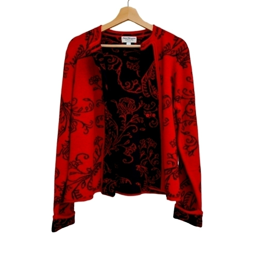 Norm Thompson Alpaca Wool Blend Cardigan, Red and Black, Size Large